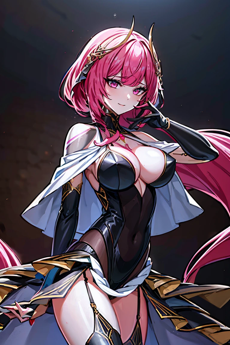 Smooth and Flawless Skin, Expressive and Captivating Eyes, Well-Defined Facial Features, Radiant and Healthy Glow, Perfectly Proportioned Face, Graceful and Symmetrical Features, Fine Details and Realistic Texture, cute face, absurdres, vivid color, beautiful portrait of cute anime girls, anime best girl, anime screencap, anime style, finely detailed, insanely detailed, exquisite, fantastic, amazing quality, top quality, professional quality, high quality, finely quality, official art, production art, super detailed skin, clear eyes, light eyes, light image, gleaming skin, oil skin, shiny skin, accurate face parts, cinematic, extremely detailed beautiful face and eyes, fair skin, 16k, 32k, 16k portrait, 32k portrait, masterpiece, Highest quality, ultra Detailed beautiful face and eyes, Detailed eyes, High resolution, beautiful, super fine illustration, extremely detailed unity cg 8k wallpaper, fearless face, perfect eyes, deep detailed eyes, perfect face, low ponytail, pink hair, hair ornament, pink eyes, leotard, zipper, white showgirl skirt, bare shoulder, thighighs, thigh high boots, bare thighs, cleavage, cleavage cutout, adult face, elbow gloves, jewelry, garter belt, garter straps, (((chest red tattoo))), hair between eyes, evil grin, perfect hands, perfect fingers, five finger, four finger and one thumb, skin tight, straight bangs, beautiful hair, (((very long skirt))), sexy, (((short cape))), cowboy shot, perfect proportion, perfect anatomy, perfect female body, arms down, both arms, two arms, perfect arms,