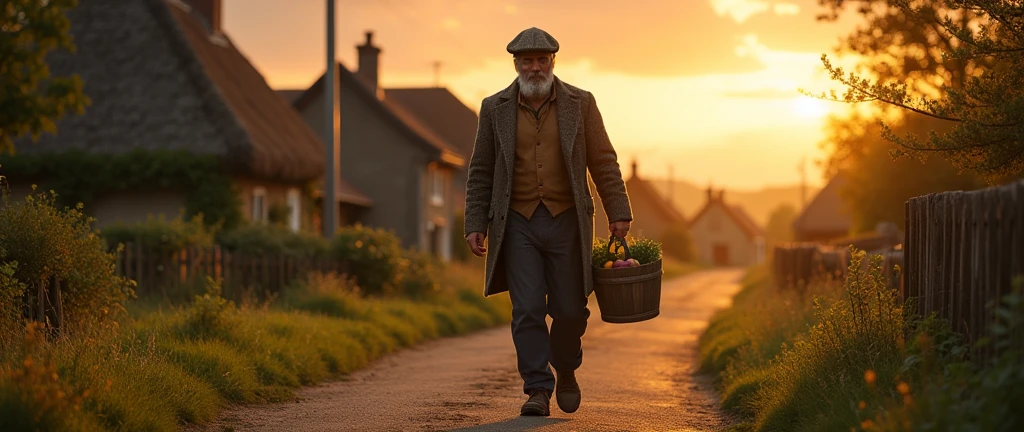 An image of a country gentleman in the foreground, carrying a bucket, going home, em um vilarejo, country man, photo realist, image from bottom to top, horizon line