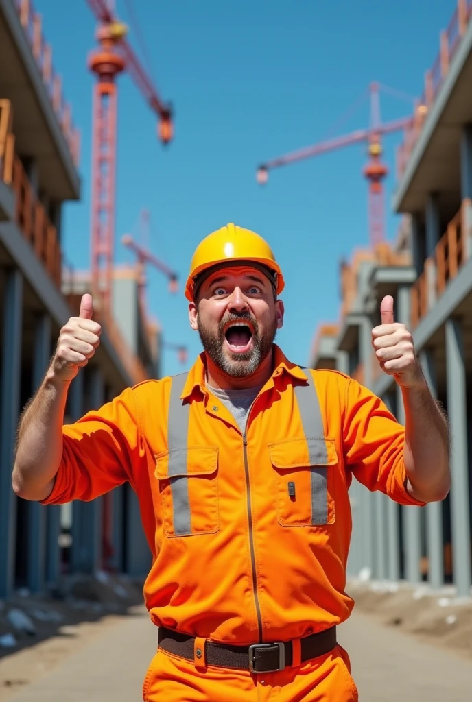 Working man wearing construction uniform, thumbs up, shocked face, full body view