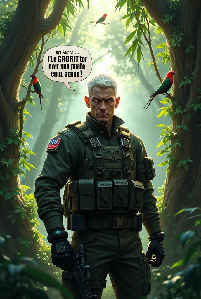 
Un militaire français
 en forêt équatoriale
 aux cheveux blancs et courts
avec les yeux luisant d'une lumière rouge
disant dans une bulle "le Gratton c'est pas un protèges dents !" 
