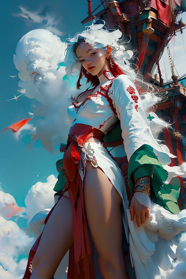 Create a scene capturing a holy and huge and outer worldly wooden ship , flying above the clouds towards the sun, blood red sails, angels flaying around the ship wearing white clothes from head to toe,8k resolution quality, masterpiece, painting style, warm colors, contrasty, emerald green gradient