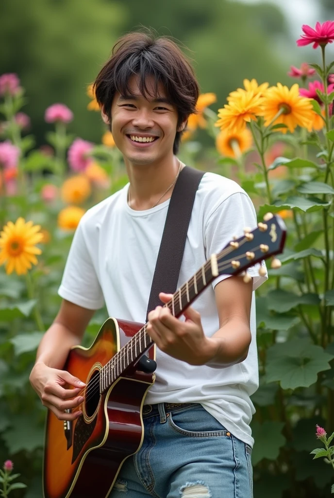 Tobias Bjorgsha, , handsome asian guy, white t-shirt and ripped jeans, messy neat black hair, vibrant and energetic, playing guitar passionately,he is looking forward to camera, surrounded by a lush green garden with colorful flowers in bloom. (best quality,4k,8k, high-resolution, masterpiece:1.2), ultra-detailed, (realistic, photorealistic, photo-realistic:1.37)