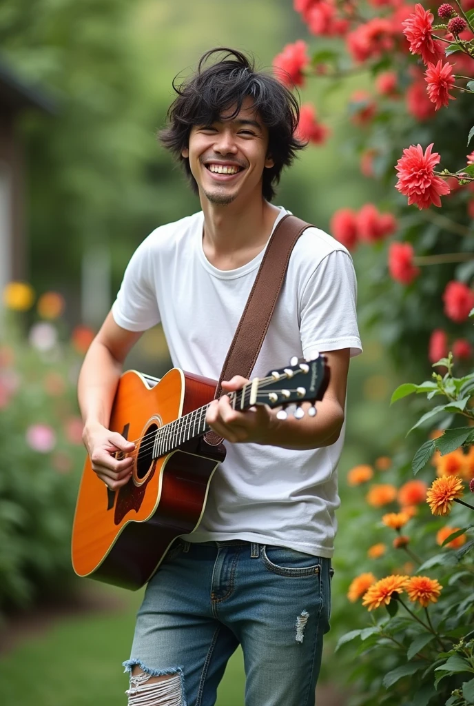 Tobias Bjorgsha, , handsome asian guy, white t-shirt and ripped jeans, messy neat black hair, vibrant and energetic, playing guitar passionately,he is looking forward to camera, surrounded by a lush green garden with colorful flowers in bloom. (best quality,4k,8k, high-resolution, masterpiece:1.2), ultra-detailed, (realistic, photorealistic, photo-realistic:1.37)