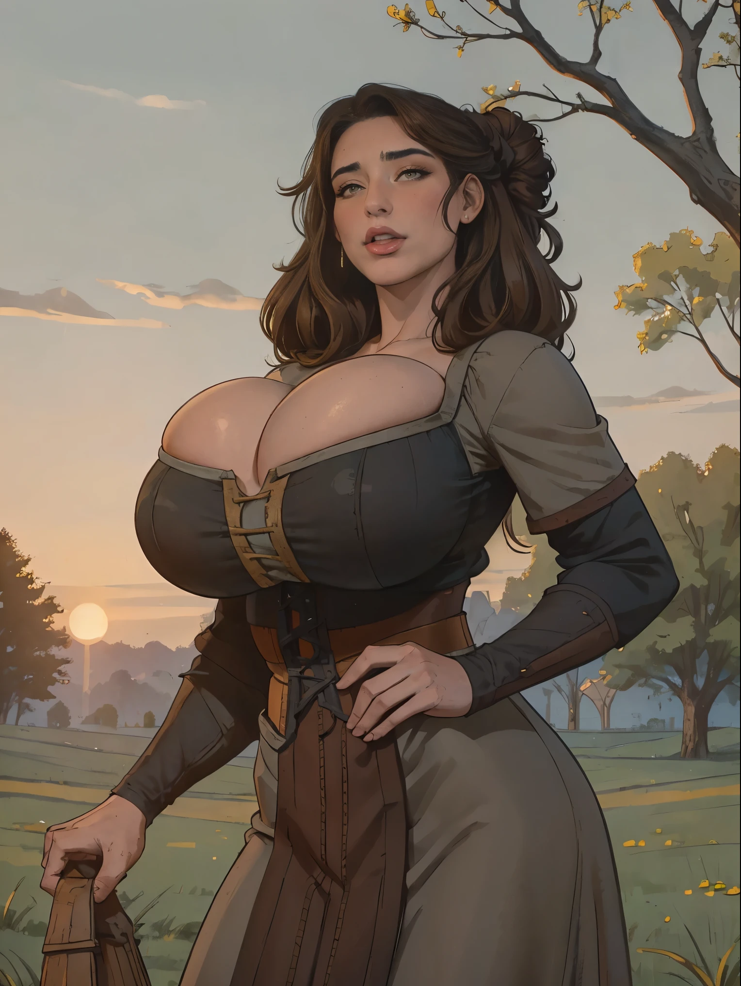 Gorgeous and sultry busty athletic (thin) brunette peasant with sharp facial features wearing a modest updo, medieval hair cover, rough-spun grey and brown medieval dress, long sleeves, wide neck, long dress, tight bodice, corset, Middle Ages, cottage, farm, exterior, trees, countryside, evening, sunset.