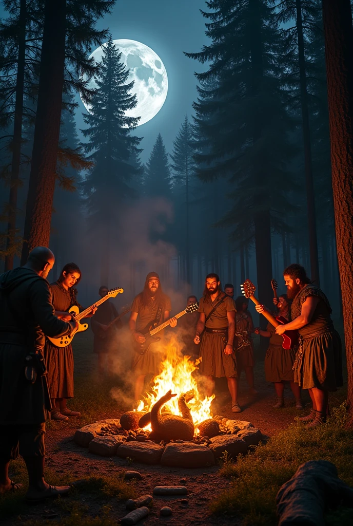 Picture a night in a forest clearing, with torches lighting up the area. The grill is shaped like a dragon, and the food includes massive turkey legs, roasted boar, and mead served in horn mugs. Everyone is dressed in Viking attire, with metal music playing in the background. There are guitars, drums, and amplifiers set up around the clearing, and some people are jamming together. The atmosphere is wild and epic, perfect for a metal gathering!