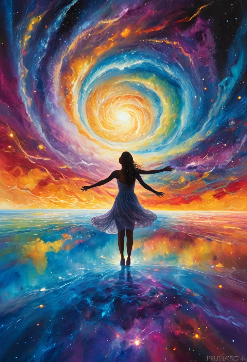 In the cosmic expanse of a galactic festival, celestial beings of all shapes and sizes come together to celebrate the eternal dance of the suns. The main subject of this acrylic painting is a colossal, shimmering star at the center of the gathering, radiating warmth and light to all attendees. This stunning artwork, a painting on a large canvas, captures the intricate details of the ethereal revelry: swirling galaxies reflected in iridescent hues, intricate patterns of constellations dancing across the sky, and a sense of limitless wonder that transcends time and space. The image is a masterful blend of vivid colors, intricate textures, and profound symbolism, inviting viewers to immerse themselves in the timeless beauty of the cosmic celebration.