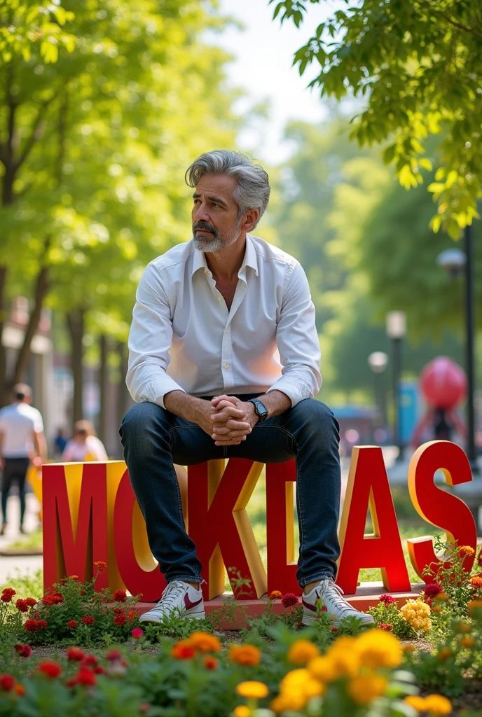 A 41 years man sitting on a name 'MOKADDAS' written in bold latter