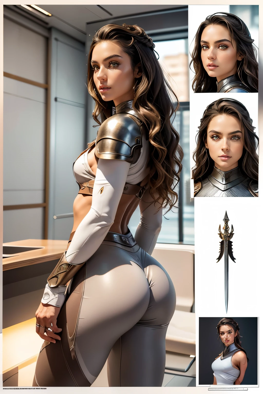 A powerful female warrior stands with her back turned, showcasing her muscular and toned physique. She wears a revealing, intricately designed, dark leather armor with metallic accents, including arm guards and a minimal back piece. Her long, wavy hair is tied up in an elaborate style, adorned with small ornaments. The setting is a grand, ancient stone cathedral with large, arched windows allowing soft, diffused light to illuminate the scene, creating a mystical and dramatic atmosphere. The background features detailed architectural elements such as columns and arches, partially shrouded in mist and shadow, enhancing the epic and otherworldly ambiance.