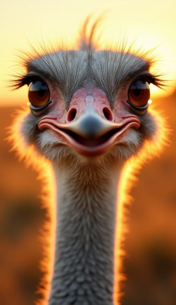 The large eyes of an ostrich, modern day, close-up of its face, showing the wide, alert eyes as it scans the horizon for threats, with the savanna landscape softly blurred in the background, extreme close-up, hyper-realistic, photo realism, cinematography --ar 9:16.