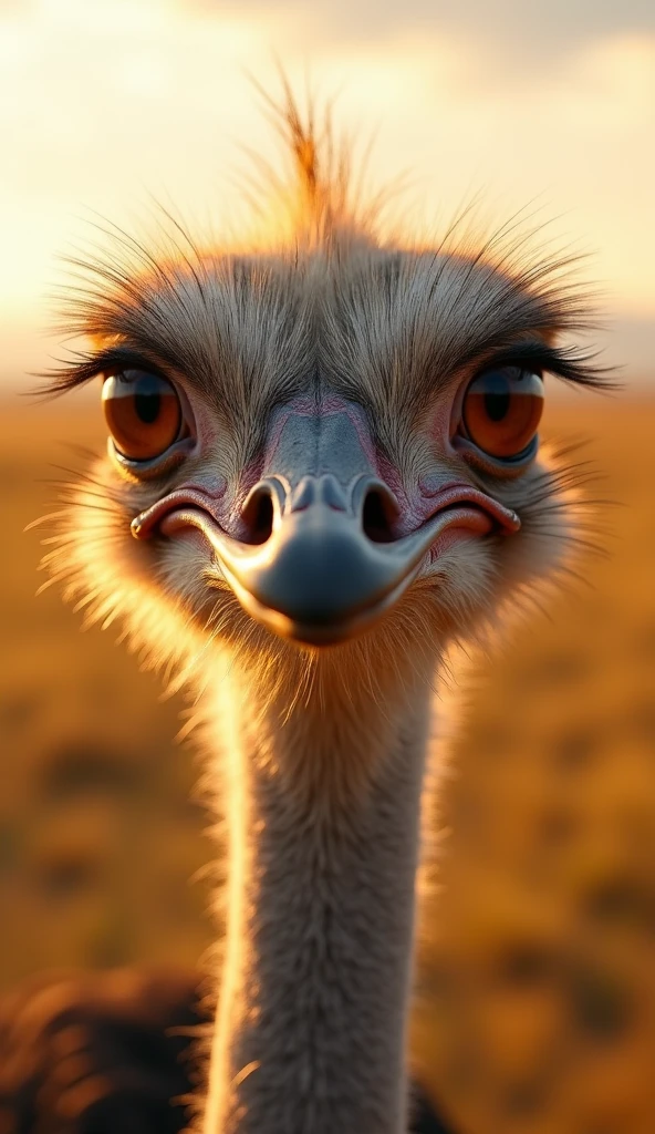 The large eyes of an ostrich, modern day, close-up of its face, showing the wide, alert eyes as it scans the horizon for threats, with the savanna landscape softly blurred in the background, extreme close-up, hyper-realistic, photo realism, cinematography --ar 9:16.