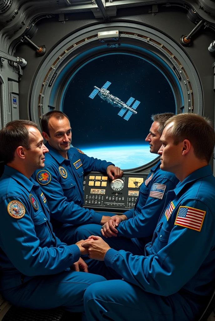 Internal view of Soyuz 5 with cosmonauts Boris Volynov, Aleksei Yeliseyev and Yevgeny Khrunov watching the approach of Soyuz 4.