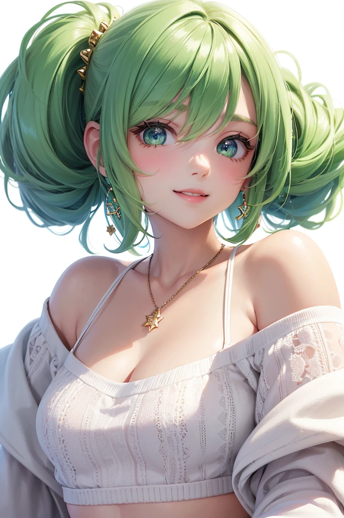 Best Quality,High resolution,8k,(plain white background, no patterns, no textures, just a plain white background:1.3),Masterpiece:1.2),beautiful girl,Big Breasts,(Shiny green hair:1.3),messy hair,Beautiful green eyes,Dark gray underwear,Gentle look,A refreshing look,smile,Best quality,Best Quality,Aesthetic and aesthetic:1.2,Best details((Super detailed))(High-definition CG illustrations),Slender body,smile,blush,cute,Scrounge,Looking up,Being spoiled,super model,wariza