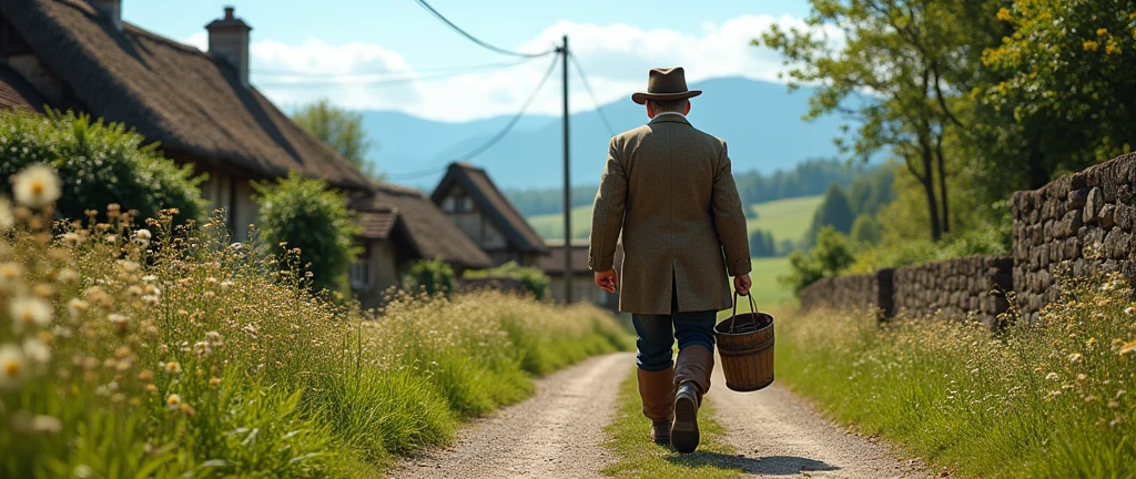 An image of a country gentleman in the foreground, carrying a bucket, going home, em um vilarejo, country man, photo realist, image from bottom to top, horizon line