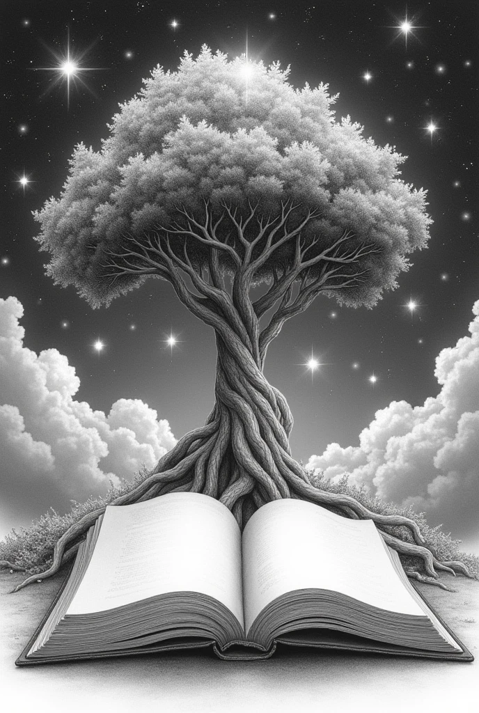 a pencil drawn illustration of an open book with a tree behind the book and stars coming out of it