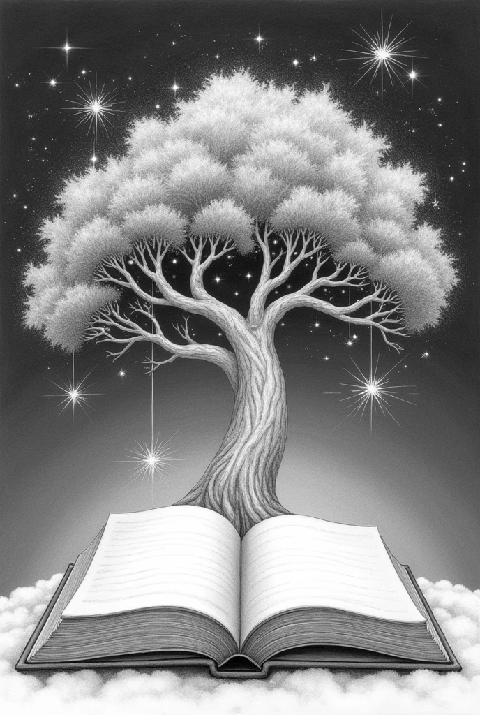 a pencil drawn illustration of an open book with a tree behind the book and stars coming out of it
