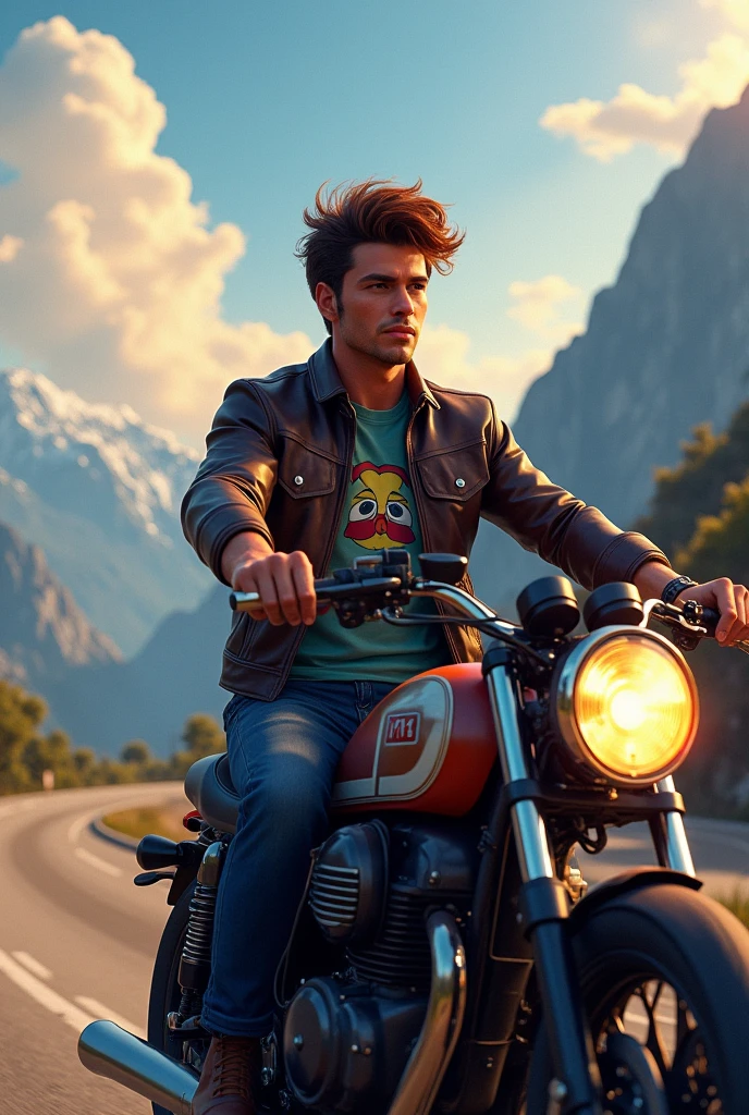 masterpiece, best quality, (extremely detailed CG unity 8k wallpaper), (best quality), (best illustration), (best shadow), absurdres, realistic lighting, (Abyss), beautiful detailed glow, art by PeterMohrBacher. Mateo, approximately 28 years old, with his slender yet slightly curvy body and short, wavy, chestnut hair, wearing a stylish leather jacket over a graphic tee, is riding a motorcycle through a winding mountain road, with a confident smirk on his face. Small breasts visible under his jacket. He has a slightly masculine face and a noticeable bulge in his pants. The scene is adventurous, with dramatic clouds in the sky and a scenic view of the mountains.
