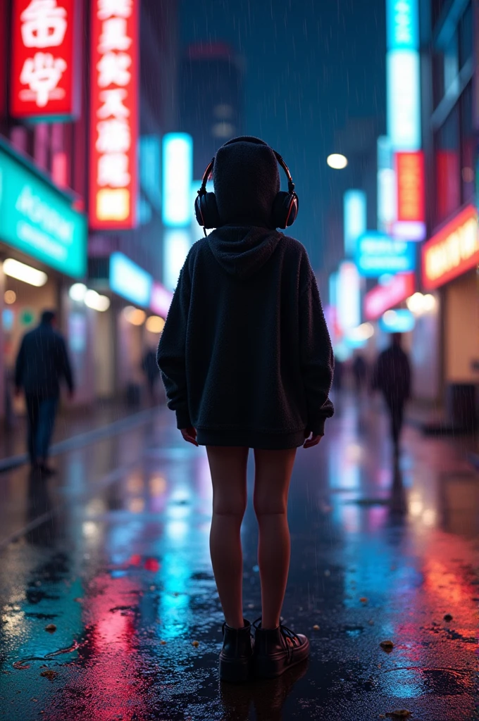 masterpiece, Girl alone, Solitary, Ridiculous, hoodie, earphone, street, outdoor, rain, neon,