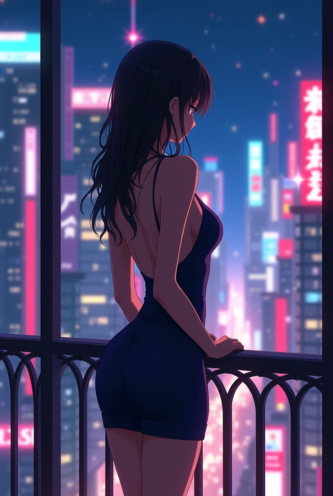 A Japanese anime girl on a luxury balcony, wearing a tight, low-cut dress, with a close-up of the seductive lines of her breasts and the neon lights reflecting off her body, highlighting its charm and the vibe of the night.