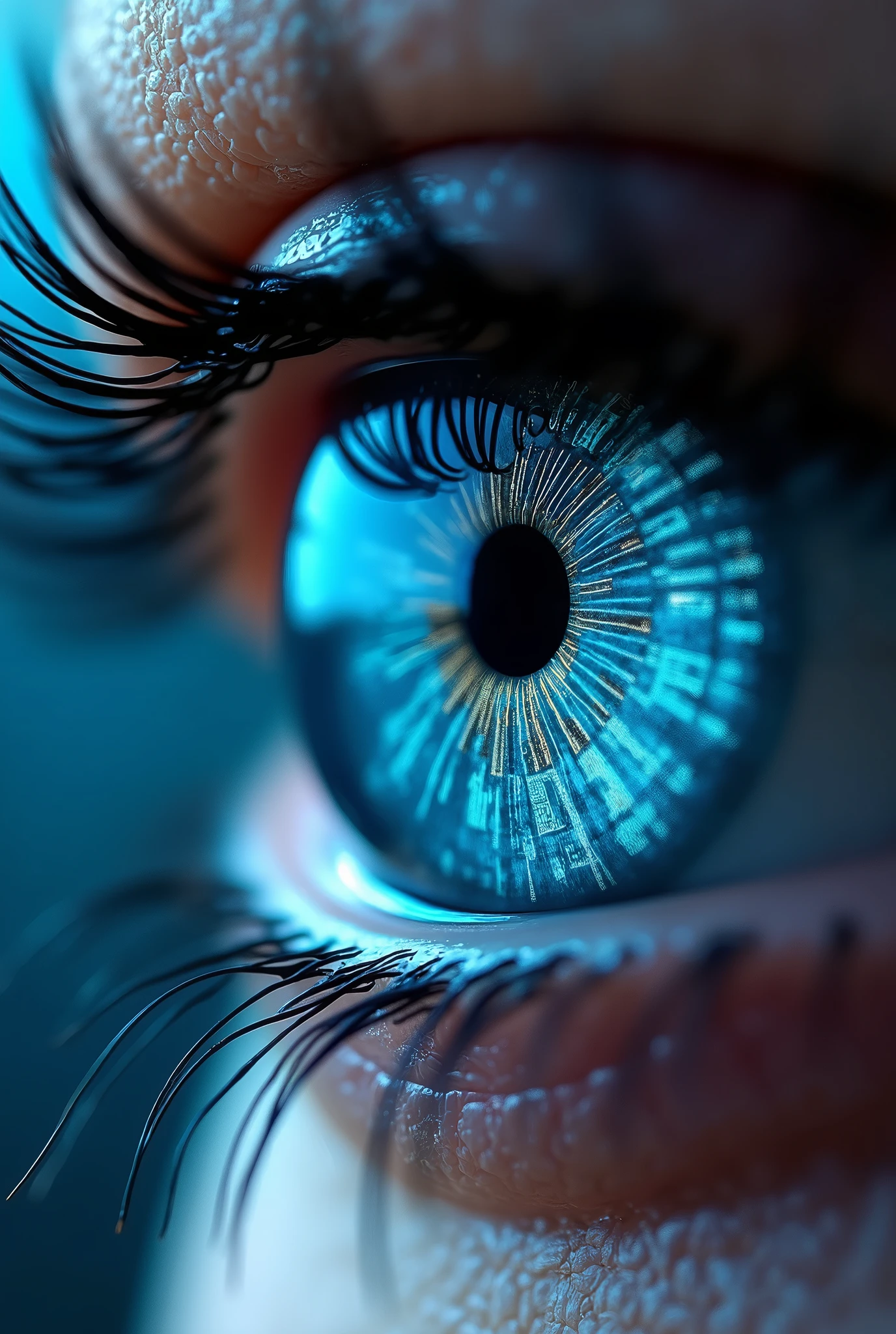 A lens for eyes, with an iris with cryptography designs. like an eye with a beautiful blue iris and this cryptography theme in the eyes 