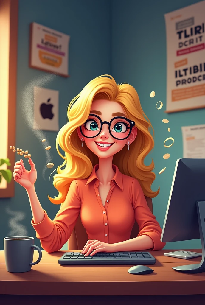 2d character programmer; blonde; woman; loves coffee and apple company (not the fruit).
