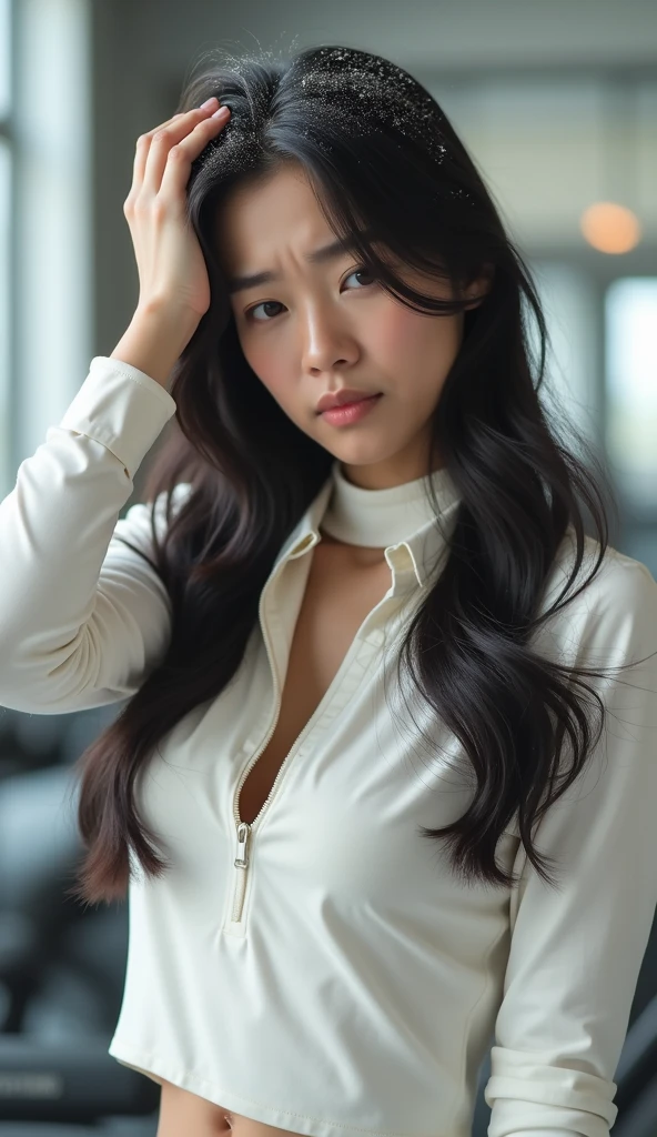 Create an Asian long-haired beauty，Wearing a long white turtleneck fitness shirt，Scratching the scalp with both hands，There is a lot of dandruff on the top of the head，White fine dandruff on the top of the head，The expression is unhappy，The characters are realistic and realistic，Gym background，9:16 frames，Ultra-high-definition picture quality