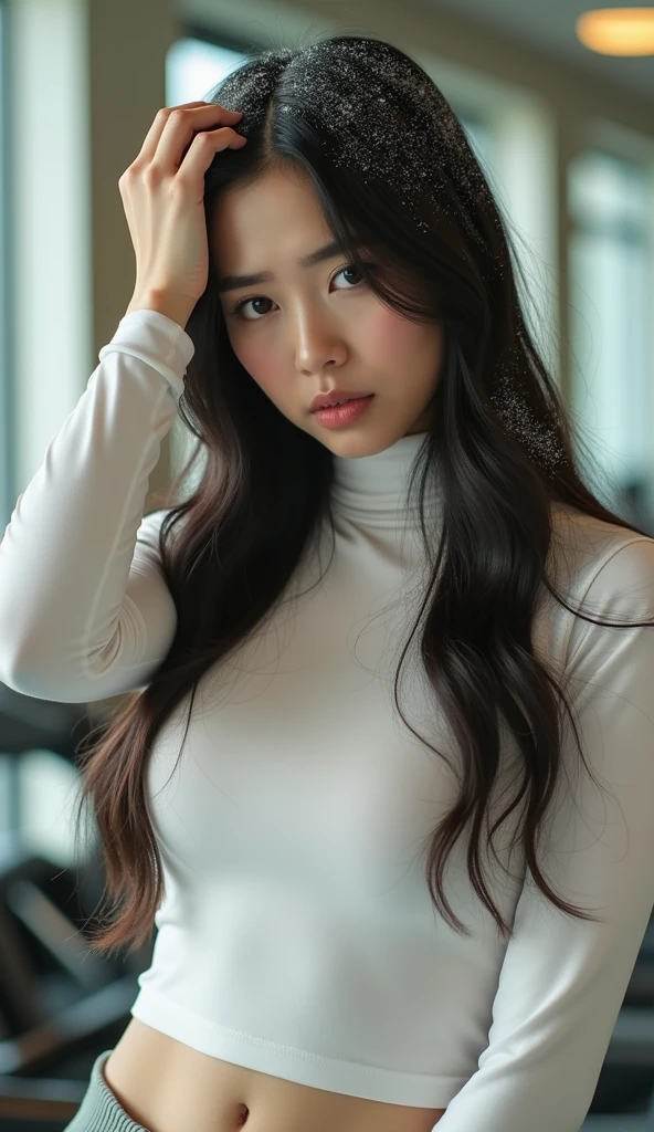 Create an Asian long-haired beauty，Wearing a long white turtleneck fitness shirt，Scratching the scalp with both hands，There is a lot of dandruff on the top of the head，White fine dandruff on the top of the head，The expression is unhappy，The characters are realistic and realistic，Gym background，9:16 frames，Ultra-high-definition picture quality