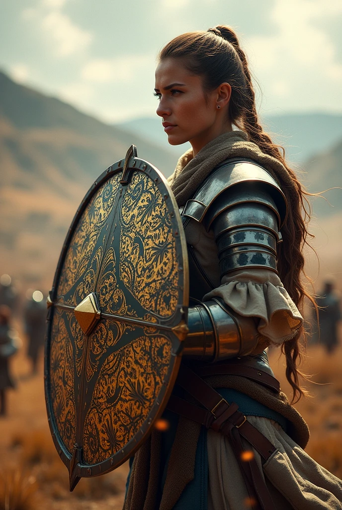A shield decorated with ancient motifs that provides light protection against attacks. besides, Allows the user to deflect basic magical abilities and provides a clear view of strategies and tactics on the battlefield., improving their ability to anticipate enemy movements.