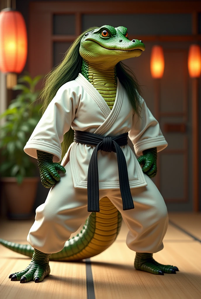 a female alligator cuca with hair dressed as a taekwondo fighter