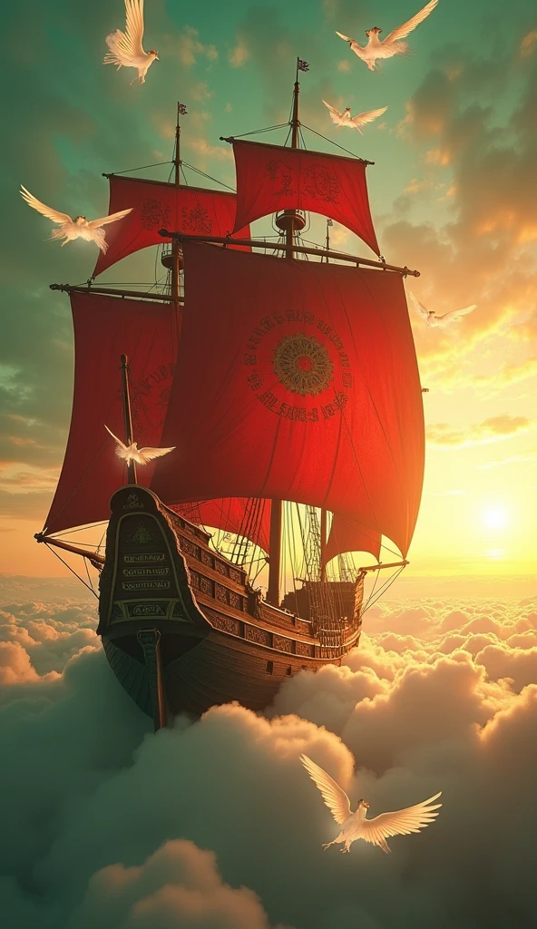 Create a scene capturing a holy and huge and outer worldly wooden ship , flying above the clouds towards the sun, blood red sails, angels flaying around the ship wearing white clothes from head to toe,8k resolution quality, masterpiece, painting style, warm colors, contrasty, emerald green gradient