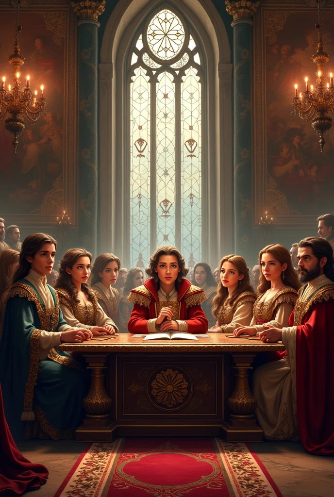 Animated nobles gathered in a council looking worried 