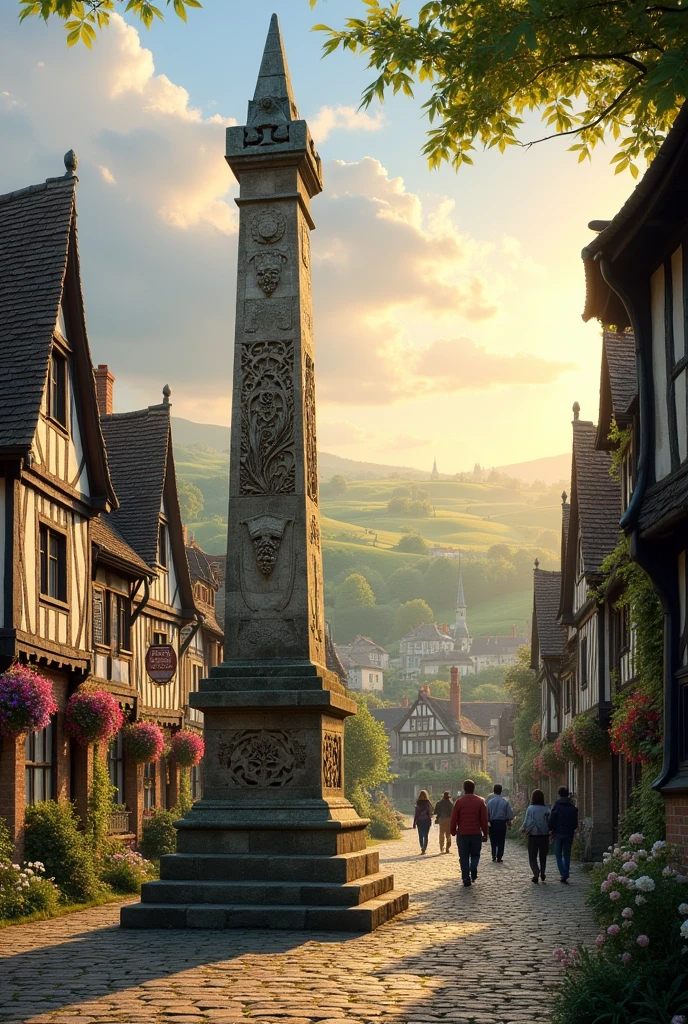 Create an image of a striking medieval monument in an English medieval town, which symbolizes beauty and agricultural wealth and the name of the city translates narcissus