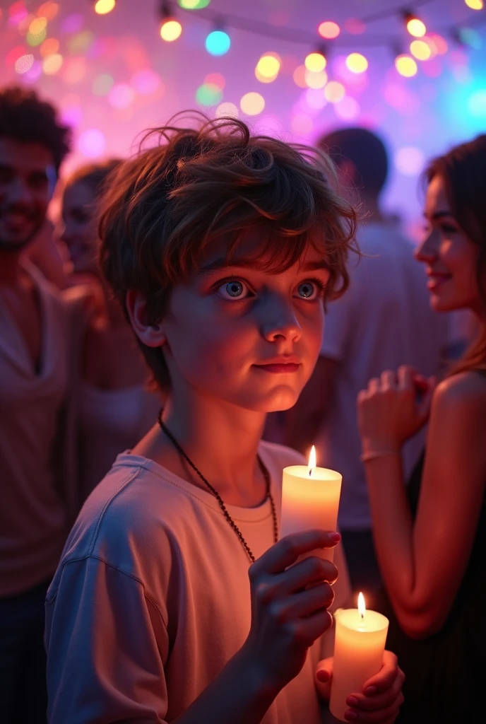 A white skinned boy, wavy brown hair, He is at a party with his friends, and that his gaze reflects that he is looking for someone else