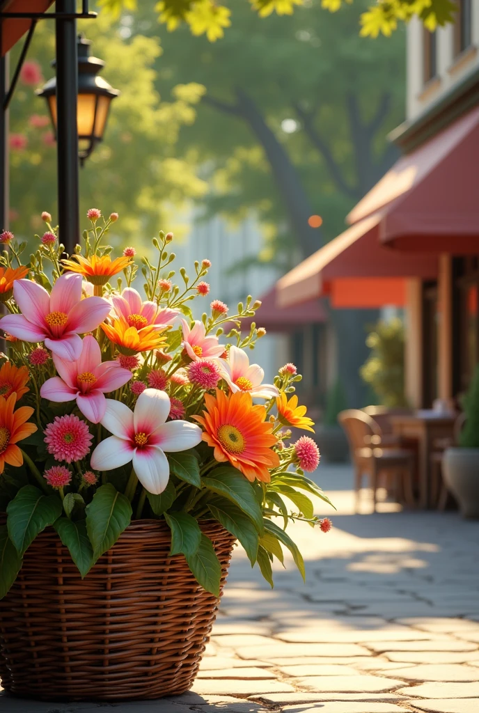 ( Correct and perfect anatomy )(close up) Basket filled with flowers Clear and detailed Bicycle parked next to coffee shop Detailed and intricate Perfect art illustration Slim realistic High detail Best quality ( Correct and perfect anatomy ) Ultra-detailed animation art and visual effects masters perfectly compose intricate digital art
