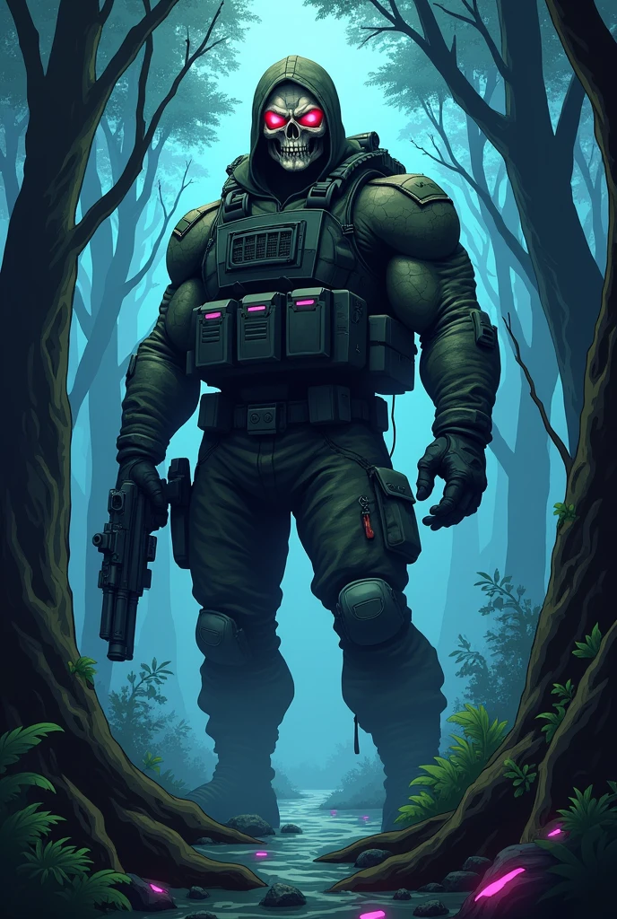 Big scary military man with skull mask , in the swamp, armed,foto em cartoon, aspiring gamer name