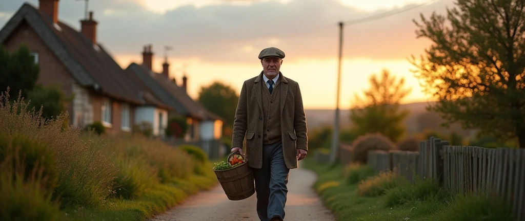 An image of a country gentleman in the foreground, carrying a bucket, going home, em um vilarejo, country man, photo realist, image from bottom to top, horizon line