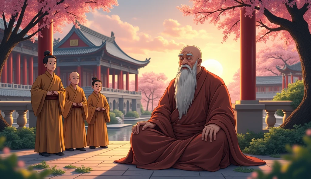 An wisdom full old fat Chinese monk, surrounded by temples, young monk students visiting to meet him, beautiful scenario, trees, in anime style
