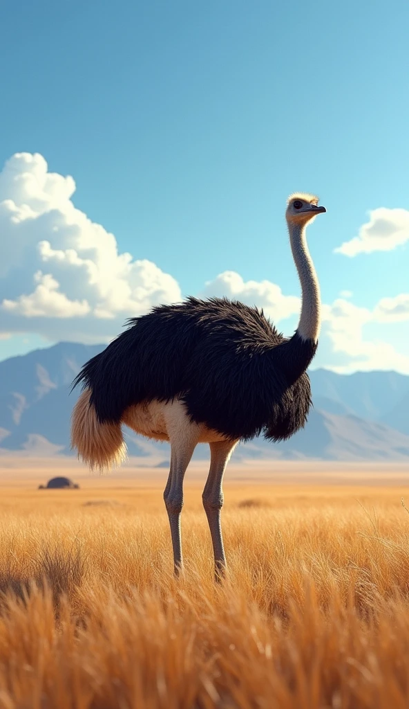 An ostrich observing the surroundings with alert eyes, modern day, in the savanna, standing still with its neck extended high, distant mountains and sky in the background, medium shot, hyper-realistic, photo realism, cinematography --ar 9:16.