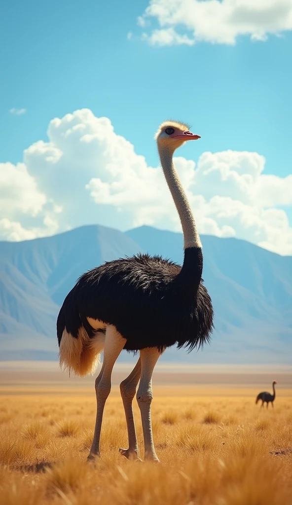 An ostrich observing the surroundings with alert eyes, modern day, in the savanna, standing still with its neck extended high, distant mountains and sky in the background, medium shot, hyper-realistic, photo realism, cinematography --ar 9:16.