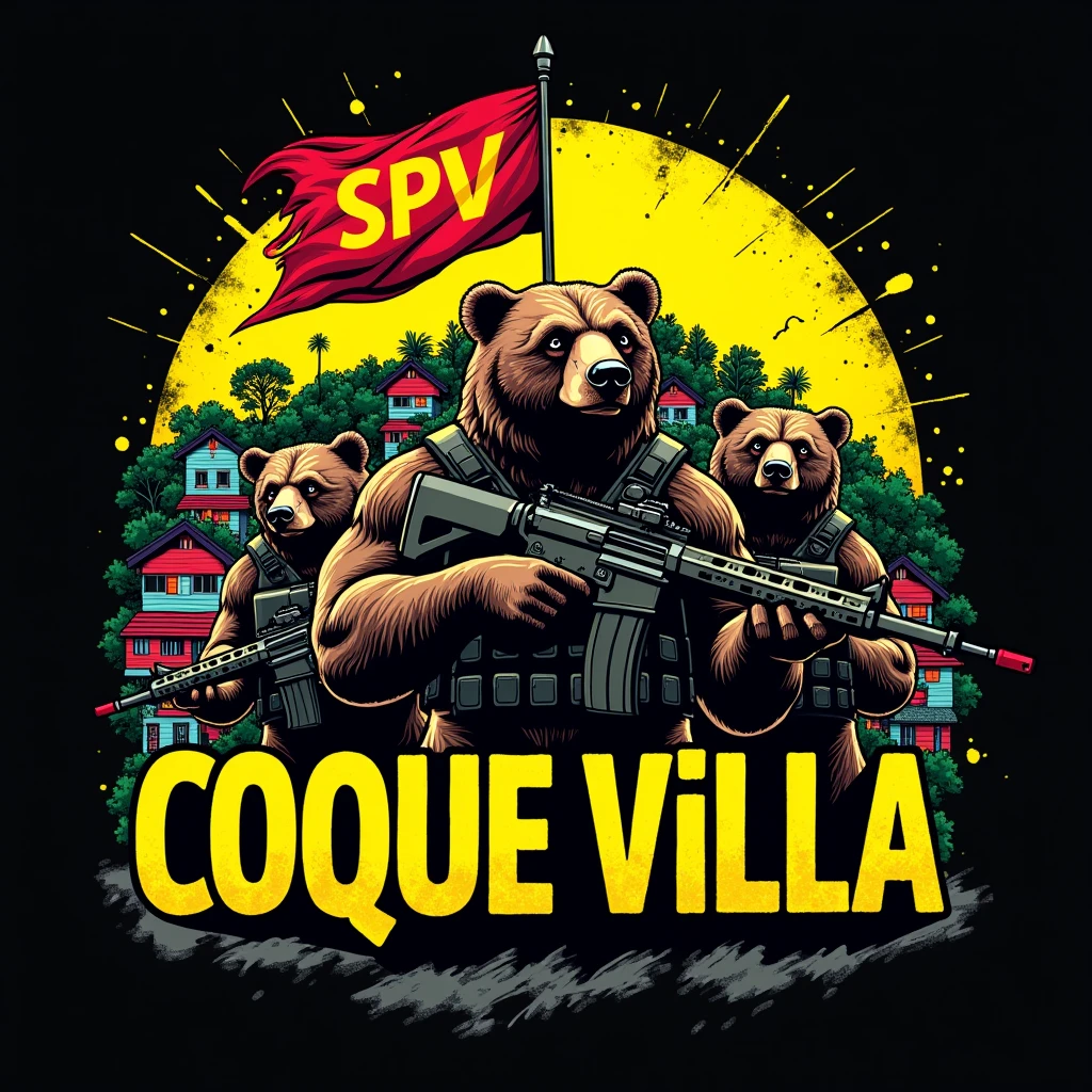 A logo illustration depicting a favela in the background with a red flag saying SPV on it at the top, surrounded by fierce looking bears strong muscular bears armed with rifles and bulletproof vests. The background includes some colors with black and yellow, possibly The text "COQUE VILLA" It is displayed prominently at the bottom of the image, use graffiti fonts in the highlighted text, make it a size that can be used as a profile picture.