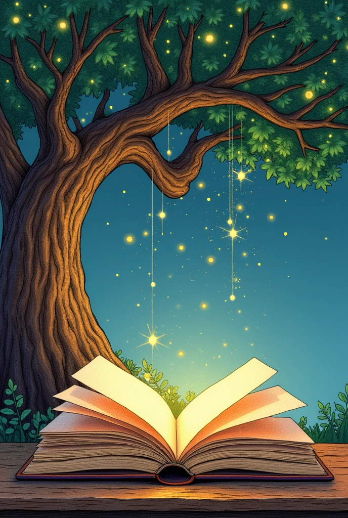 a colored pencil illustration of an open book with a tree behind the book and stars coming out of it
