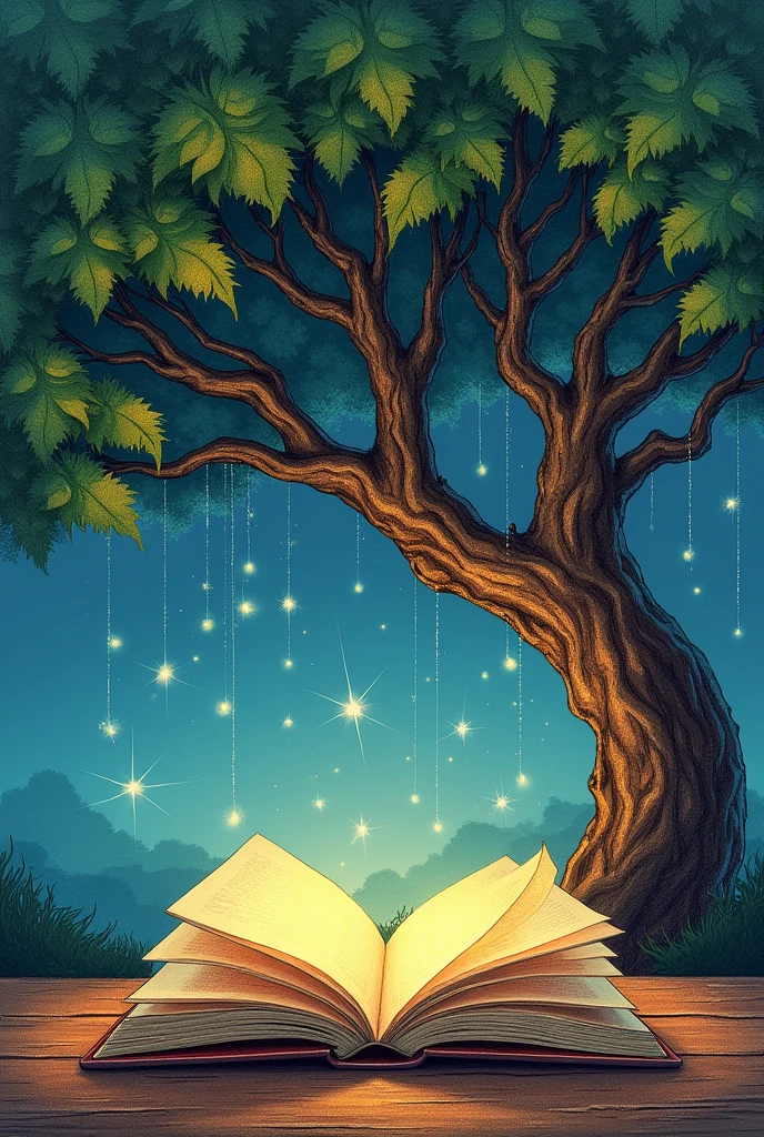 a colored pencil illustration of an open book with a tree behind the book and stars coming out of it