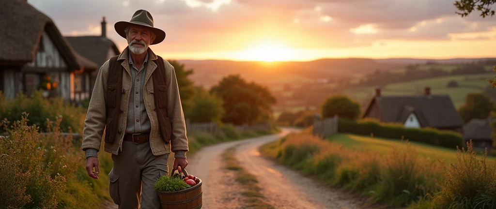 An image of a country gentleman in the foreground, carrying a bucket, going home, em um vilarejo, country man, photo realist, image from bottom to top, horizon line
