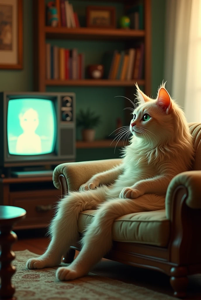 Humanoid cat watching tv show half human cat with long hair and human body 
