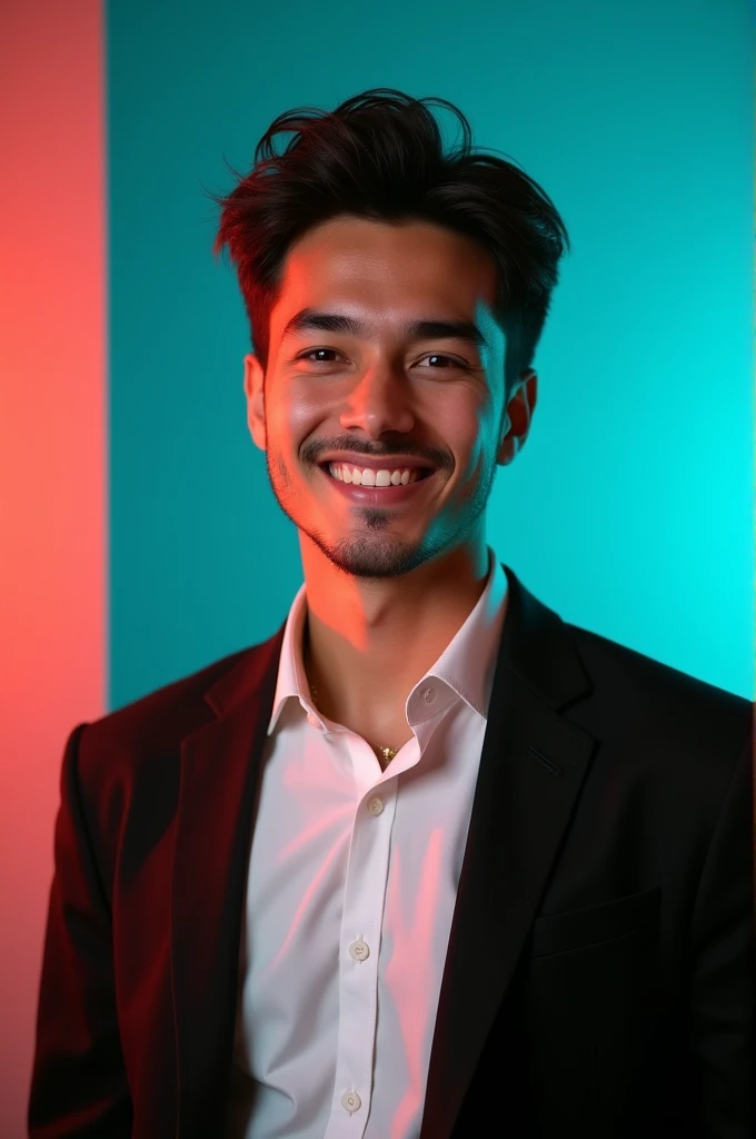 A young man with dark hair and a confident smile. He is dressed in a black blazer over a white shirt. The man is positioned against aqua colour backdrop with a subtle red lighting on the left side. and he posing for Linkedin profile
