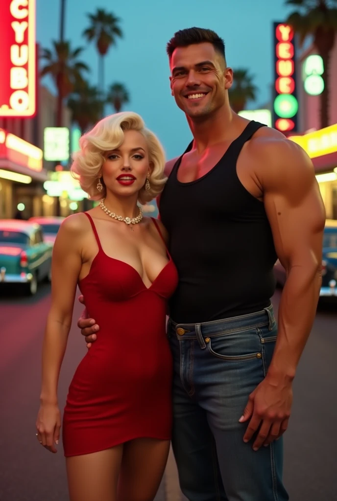 Marilyn Monroe is 167 cm tall. Next to her is a man, pumped up, 213 cm tall