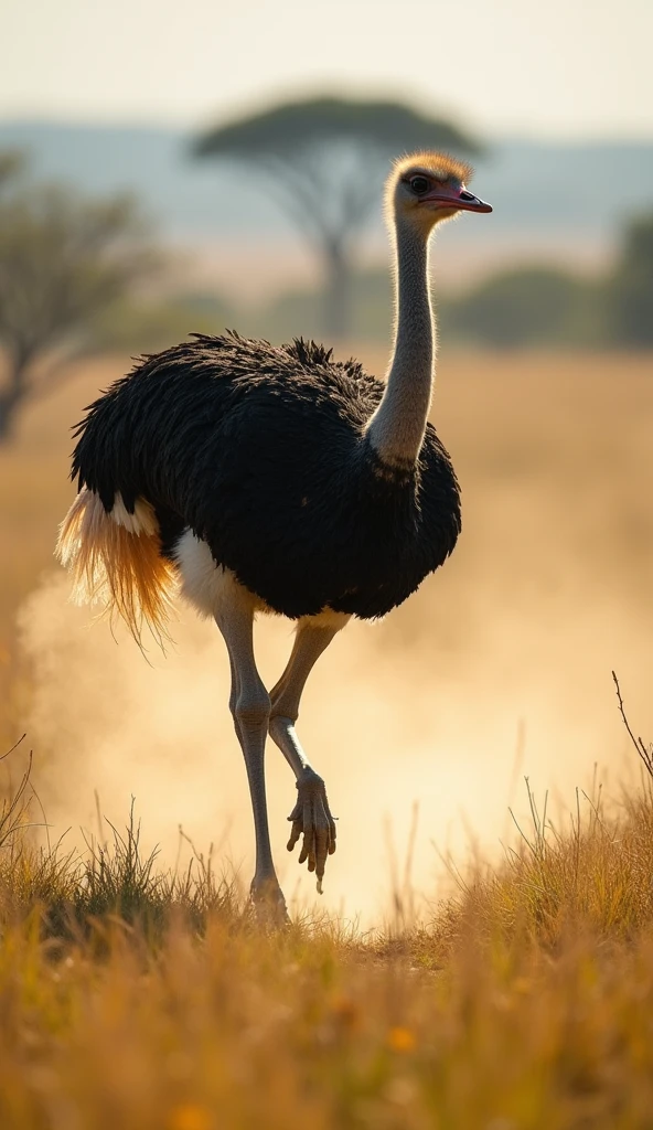 The strong legs of an ostrich, modern day, captured mid-run in the savanna, dust and grass flying around as it accelerates, blurred background, action shot, hyper-realistic, photo realism, cinematography --ar 9:16.