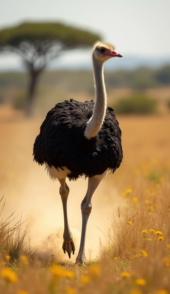 The strong legs of an ostrich, modern day, captured mid-run in the savanna, dust and grass flying around as it accelerates, blurred background, action shot, hyper-realistic, photo realism, cinematography --ar 9:16.
