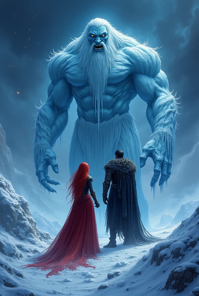 Príncipe de hielo young y pelinegro y muy malvado, villain, with a huge army of blue ice giants in Jötunheim alongside their red-haired queen, young, evil, Villain in red dress and the night sky.
