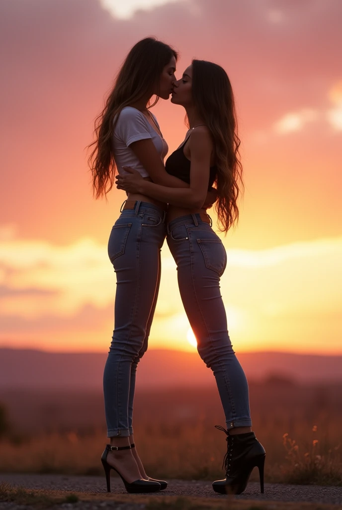 very tall 17 year old girl towering height kissing shorter midget girlfriend with lifting, high altitude difference,  taller than her, with her very short and thin girlfriend, lifting and kissing her, platform high heels