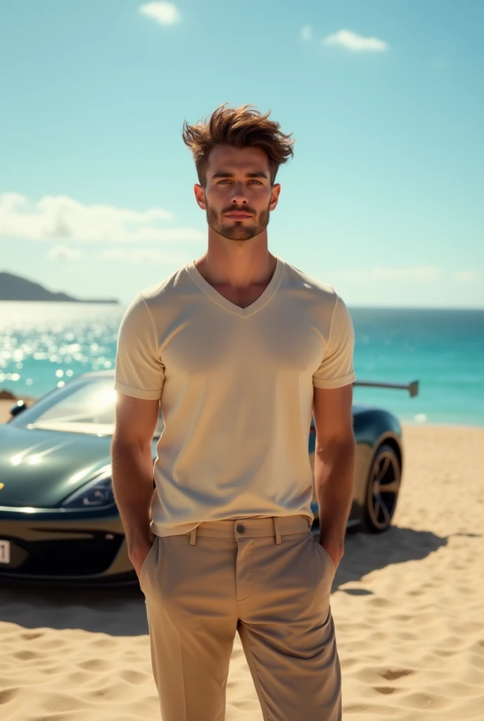 un jeune homme de 18 ans brun  avec des cheveux sur son front musclé en tee shirt et pantalon beige très chic prends la pose devant une plage avec une belle voiture de sport, cette image montre sa réussite et sont charisme
